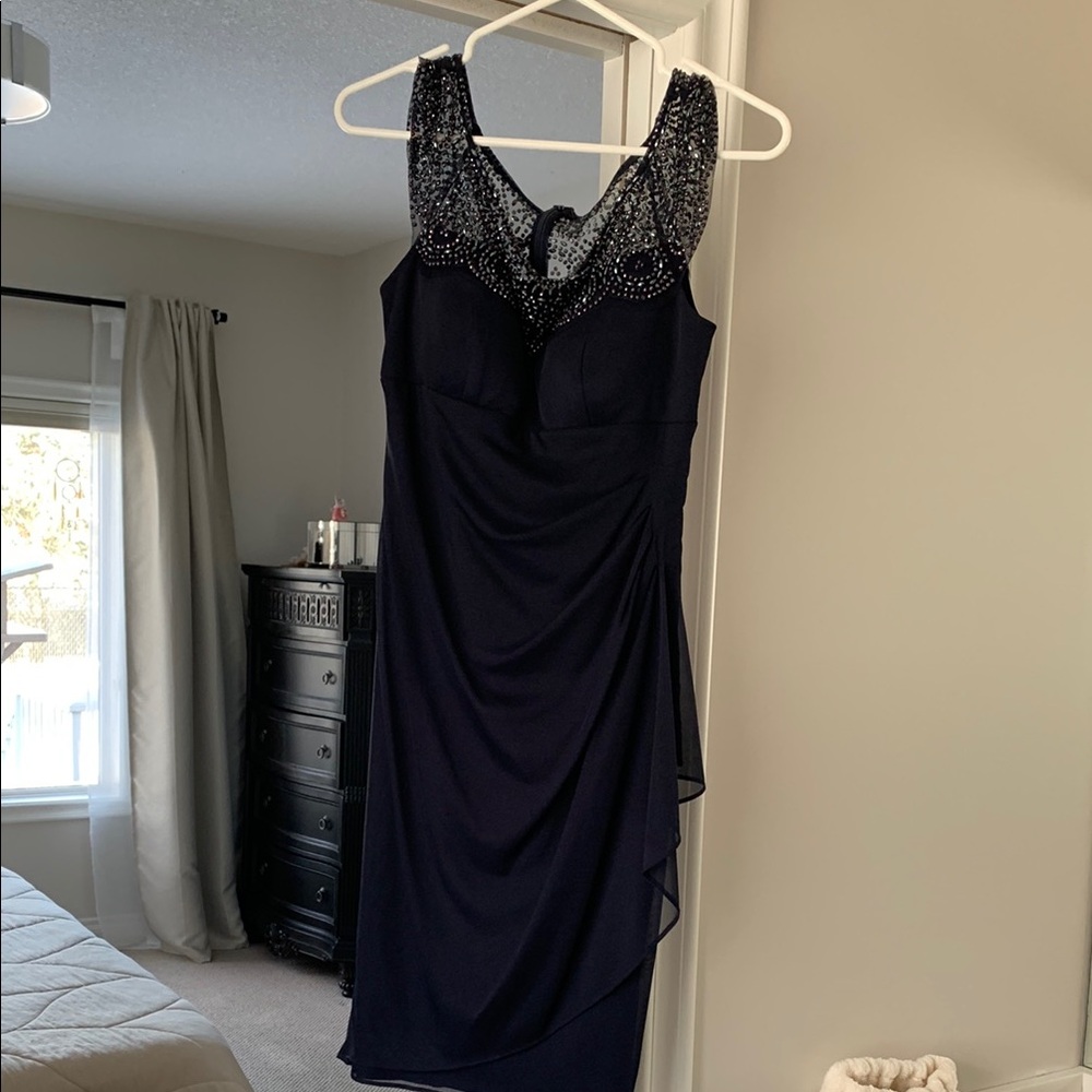 Elegant Navy Dress with Beaded Neckline
